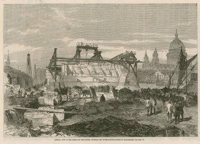 Vista geral das obras da ponte ferroviária de Londres, Chatham e Dover, em Blackfriars de English School