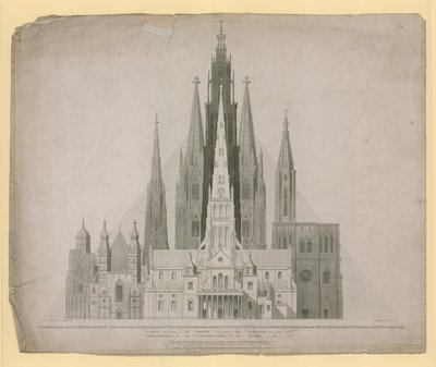 Elevações geométricas das Frentes Ocidentais das Catedrais de St Pauls, Londres (antes do Fogo) ... e a Grande Pirâmide do Egito a uma escala de English School