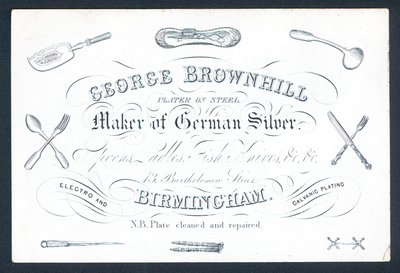 George Brownhill, fabricante de prata alemã, cartão comercial de English School