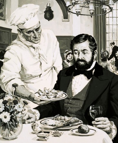 George Crum, inventor da batata crocante, apresenta sua criação de English School