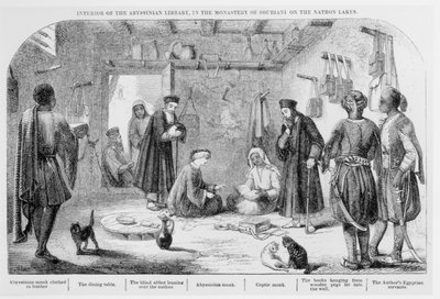 George Curzon (1859-1925) inspecionando livros na biblioteca Abyssinian no mosteiro de Souriani, de visitas a mosteiros no Levante, publicado em 1849 de English School