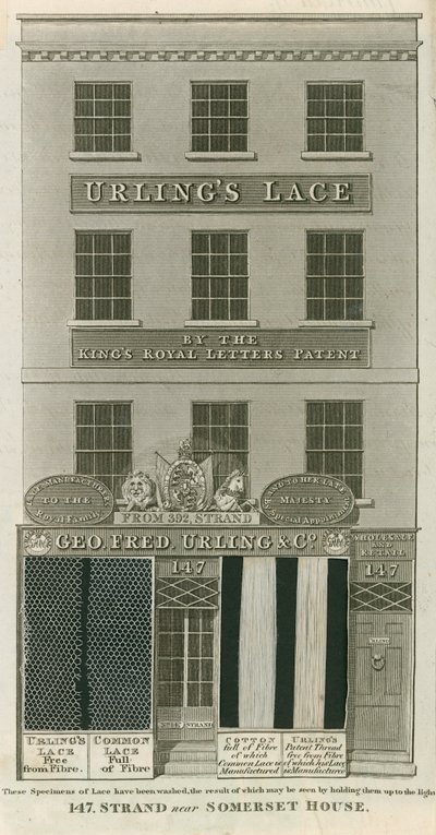 George Frederick Urling & Co, vendedores de renda, 147 Strand, perto de Somerset House, Londres de English School