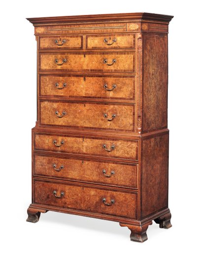 George III tallboy, final do século 18 (burr elm e incrustações) de English School