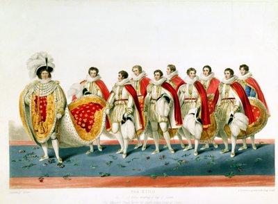 George IV em Coronation Robes Wearing a Cap of Estate, gravada por E. Scrivenor, a partir de uma placa de Sir George Naylor de English School