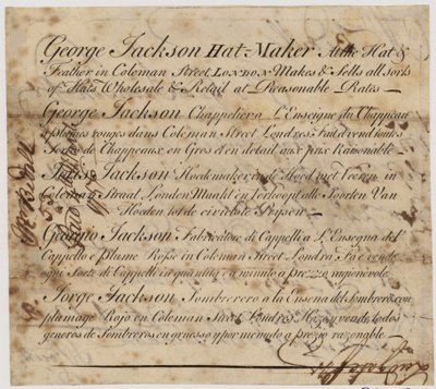 George Jackson, fabricante de chapéus, Coleman Street, Londres de English School