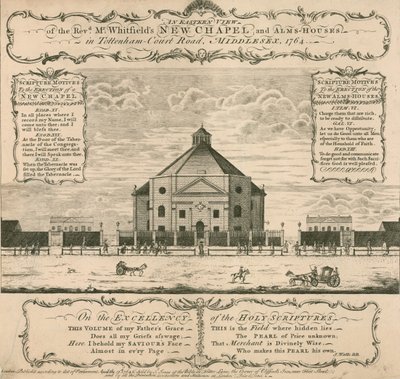 George Whitfields nova capela e casas de esmolas em Tottenham Court Road, Londres, 1764 de English School