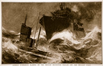 Submarino Alemão Abalado pelo Destruidor Britânico Badger ao largo da Costa Belga, 1914-19 de English School