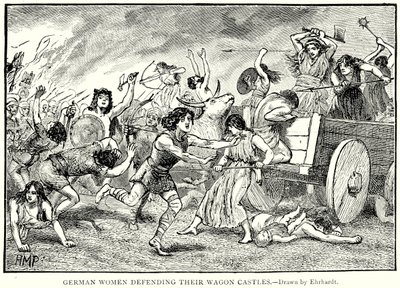 Mulheres alemãs defendendo os seus castelos de vagões (gravura) de English School