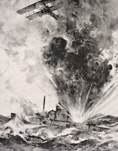 Submarino alemão bombardeou e afundou 26 de agosto de 1915, de &39;The War Illustrated Album deLuxe&39; publicado em Londres 1916 (lito) de English School