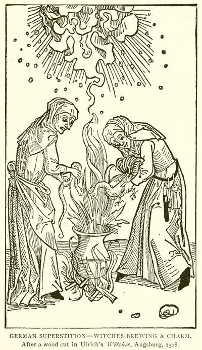 Superstição alemã - Bruxas preparando um charme. Depois de um corte de madeira em Ulrichs Witches, Augsburg, 1508 de English School