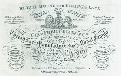 Geroge Fred Urling & Co, fabricante de rendas de fio, cartão comercial de English School