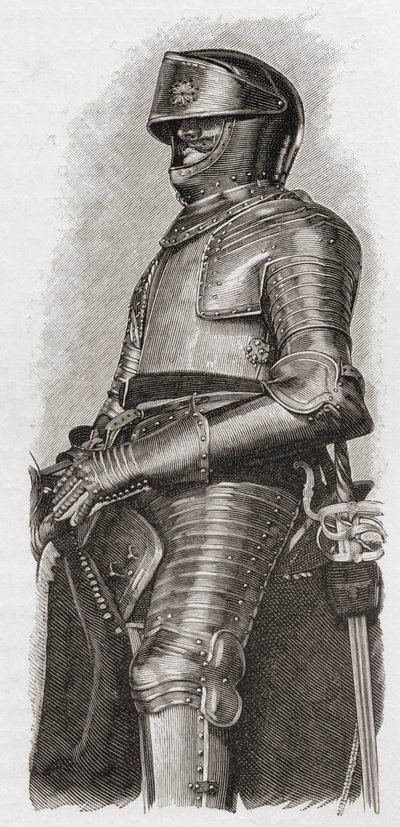 Armadura dourada dada a Charls I pela cidade de Londres, de "Uma Breve História do Povo Inglês" por JR Green, publicada em 1893 de English School