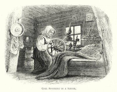 Girl Spinning in a Saeter (gravura) de English School