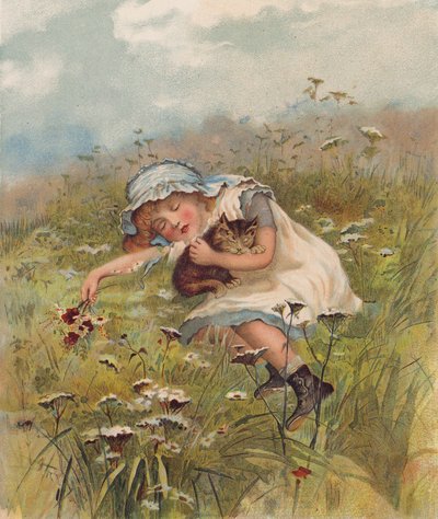 Rapariga e um gato a dormir num campo (cromolitho) de English School