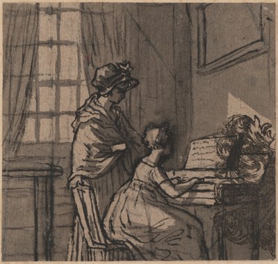 Menina em um clavicórdio, c.1800 (caneta e lavar no papel) de English School
