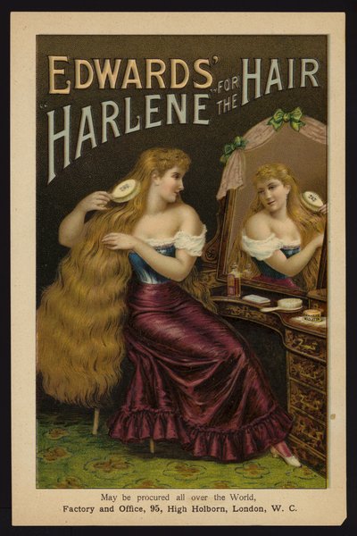 Rapariga escovando o seu cabelo louro comprido; Edwards Harlene para o cabelo (chromolitho) de English School