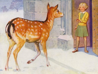 Rapariga a alimentar um veado na neve (cor litho) de English School