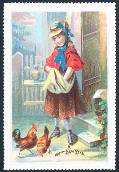 Menina alimentando galinhas, cartão de ano novo de English School