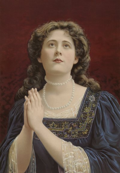 Garota de vestido azul, usando pérolas, mãos entrelaçadas de English School