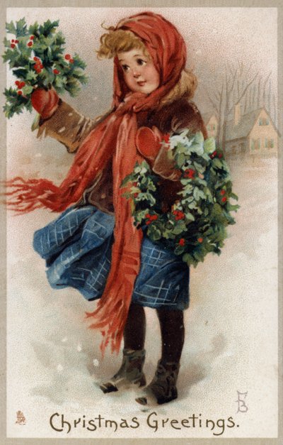 Menina vendendo azevinho e grinaldas de Natal (chromolitho) de English School