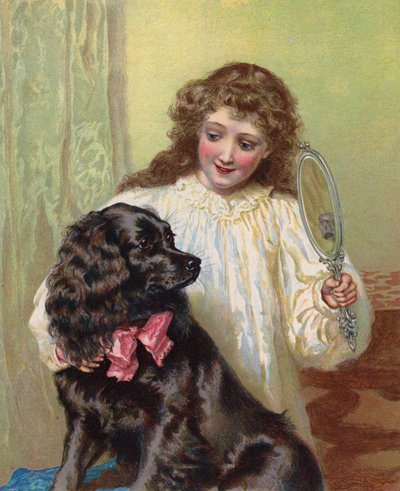 Rapariga mostrando ao seu cão de estimação o seu reflexo num espelho (chromolitho) de English School