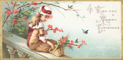 Menina sentada na ponte, cartão de Natal. de English School