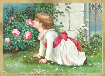 Menina cheirando flores, cartão de aniversário de English School