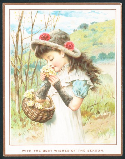Menina cheirando flores da cesta, cartão de Natal de English School