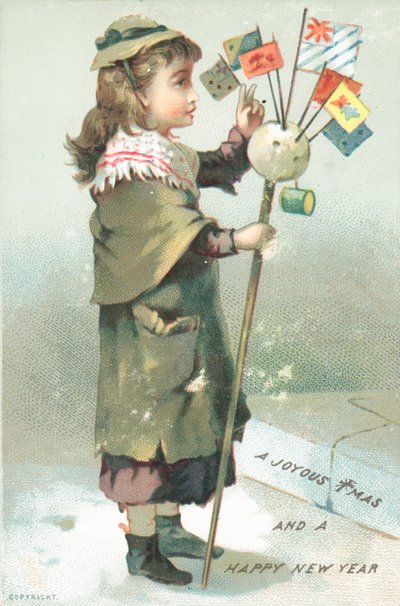 Menina acenando com bandeiras, cartão de Natal de English School