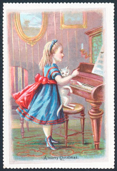 Menina, com, gato, ficar, em, piano, cartão natal de English School