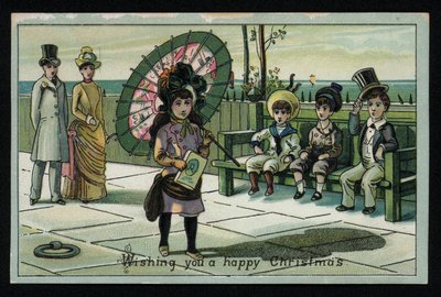 Rapariga com um guarda-sol grande a passear num passeio à beira-mar, cartão de Boas Festas de Natal. (chromolitho) de English School