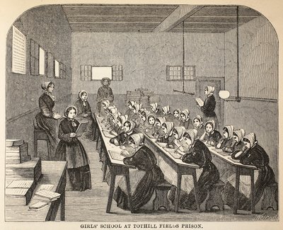 As meninas educam na prisão dos campos de Tothill, na ilustração das prisões criminosas de Londres e nas cenas da vida da prisão por Henry Mayhew e por John Binny, bar. 1862 de English School