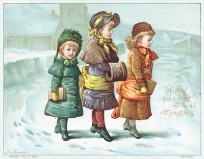 Meninas que andam na neve, cartão de Natal de English School