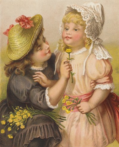 Raparigas com ranúnculos (cromolitho) de English School