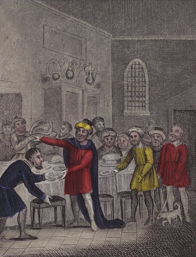 Deus faz um banquete e faz as suas criaturas virem... (gravura colorida) de English School