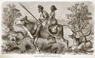 Indo ao mercado a rota terrestre, ilustração da edição pictórica da vida e das descobertas de David Livingstone por J. Ewing Richie, bar. por A. Fullarton & Co., 1876 de English School