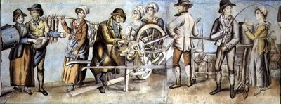 Indo para a Feira, detalhe de um moedor de facas e comerciantes e mulheres, c.1815 (wc com guache sobre papel) (ver também 107509 e 107510) de English School