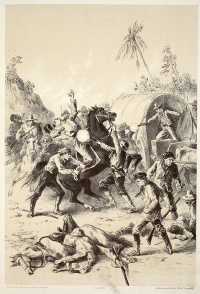 Escolta de ouro atacada por Bush Rangers, de The History of Australasia por David Blair, McGrady, Thomson e Niven, 1879 de English School