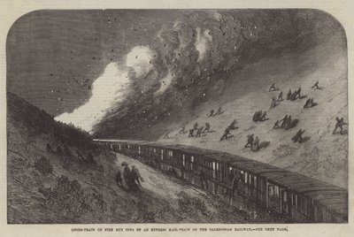 Comboio de Mercadorias em Incêndio encontrado por um comboio-correio expresso na Caledonian Railway (gravura) de English School