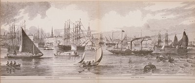 Grand Panorama de Londres, do rio Tâmisa olhando para Shadwell, East India Docks e Limehouse, 1849 (gravura em madeira) de English School