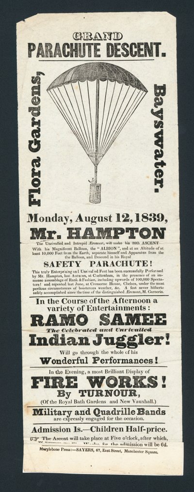 Grand Parachute Descent, Flora Gardens, Bayswater, 12 de agosto de 1839 de English School