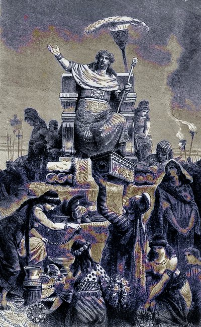 Degenerescência grega - Cresus na pilha fúnebre, ilustração da história ilustrada do mundo, publicada c.1880 (imagem digital melhorada) de English School