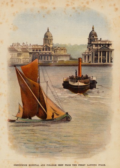 Greenwich Hospital e colégio vistos do cais de desembarque do ferry (litografia a cores) de English School