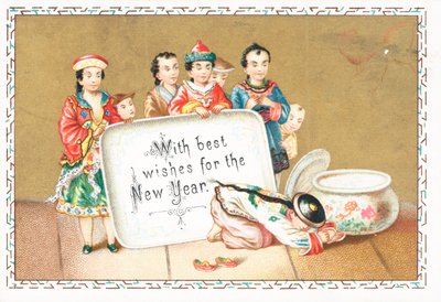 Saudações das crianças chinesas, cartão de ano novo de English School