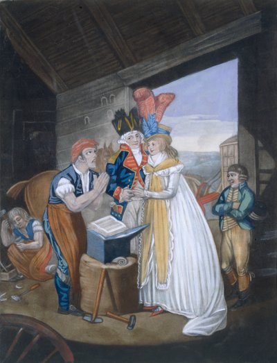 Gretna Green, ou o casamento em brasa, pub. Por Aurrie & Whittle, 1794 88: Oh! Sr. Ferreiro, alivie nossas dores - e nos ajude rapidamente em correntes de Wedlocks 99: fêmea; traje tradicional; tra de English School