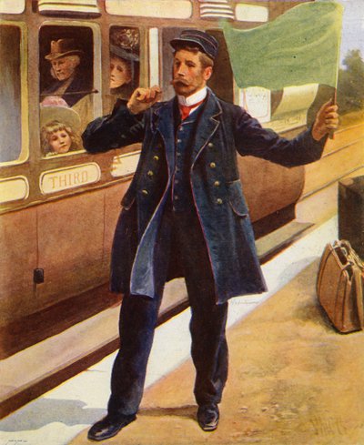 Guarda apitando quando o trem está prestes a partir (lito colorido) de English School
