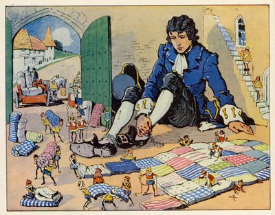 As Viagens de Gulliver: O Imperador mandou fazer uma cama para ele (litografia a cores) de English School