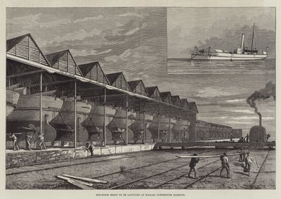 Pistolas-Boats prontas para serem lançadas em Haslar, Porto de Portsmouth (gravura) de English School