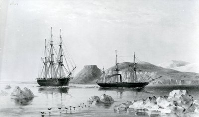 Assistência HMS em Reboque de Pioneer passando John Harrow Mount, North Wellington Channel em 1853 (litografia) de English School