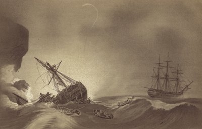 HMS Impetueux, comandado pelo Capitão Thomas Byam Martin, resgatando a tripulação do HMS Venerable, sob o comando do Capitão J Hunter, naufragado em Torbay, Devon, 24 de Novembro de 1804 (litho) de English School
